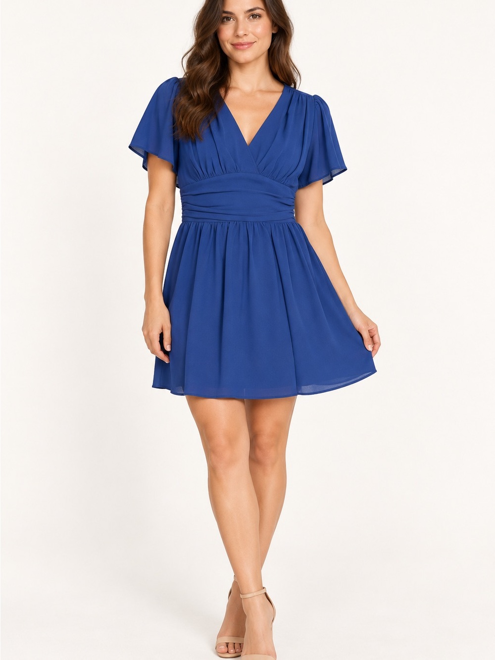 Flutter-Sleeve V-Neck Mini Dress in Blue